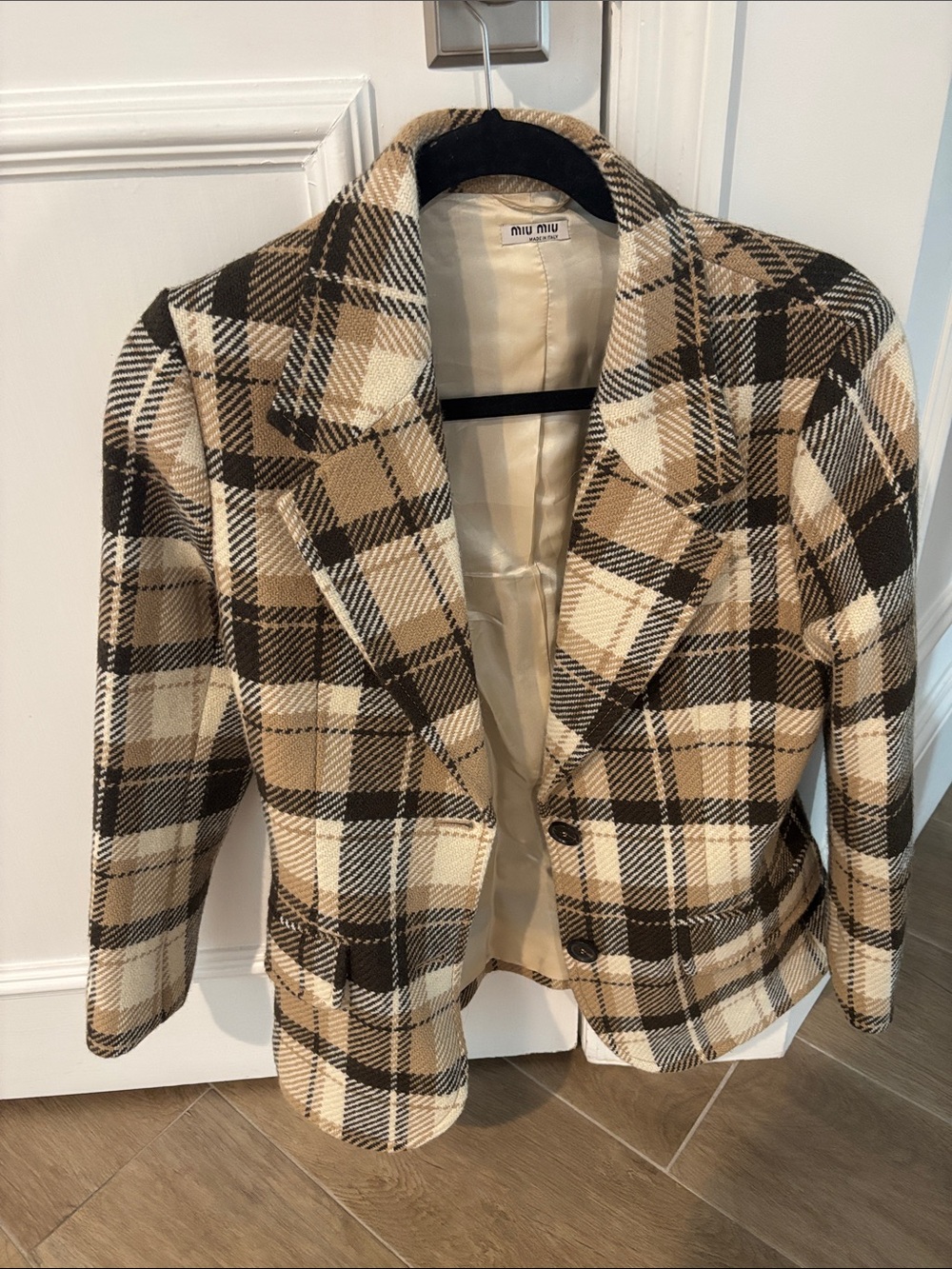 Miu Miu Beige Black and Cream Plaid Blazer